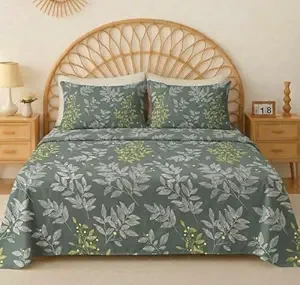 VAS COLLECTIONS Cloud Cotton Double Bedsheet 180 TC | Soft & Breathable Cotton Bedding Set with 2 Pillow Covers | Elegant Floral Printed Bed Sheet for Bedroom & Home | 90 x 90 Inches (Botanical Sage)