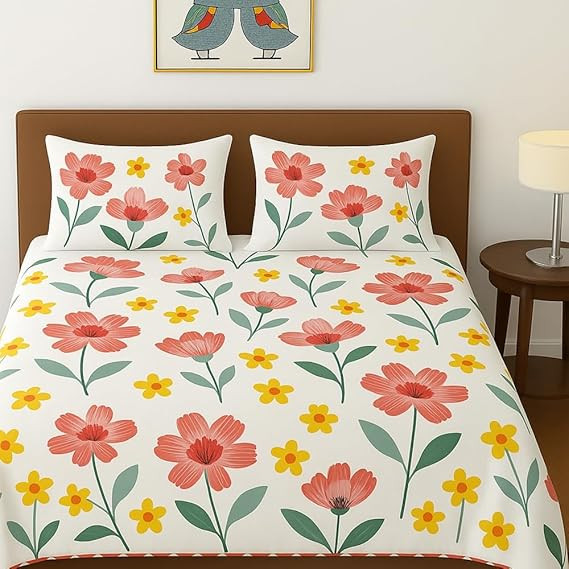 BSB HOME 100% Cotton Feel Double Bed Bedsheet Set | 144 TC Soft & Breathable | Mint Green White Flower Print with 2 Pillow Covers | Wrinkle Free | for Bedroom (90 x 90 Inches)