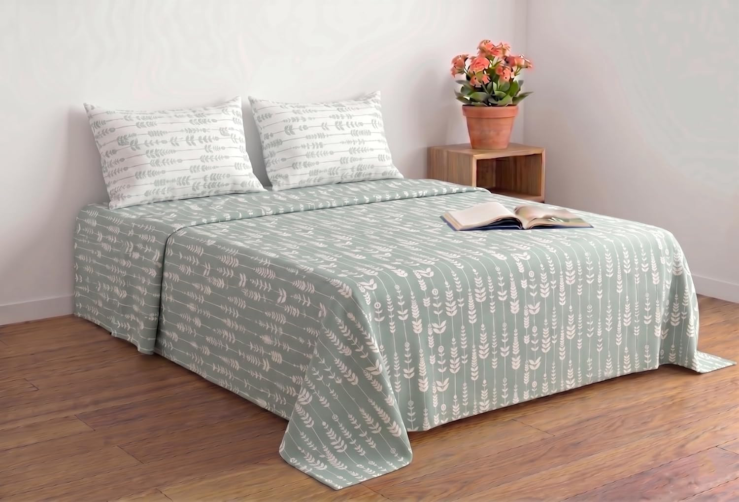 LOOM & LATITUDE Sage Manor 100% Cotton Bedsheet for Double Bed King Size with 2 Pillow Covers | Pure Cotton 200 TC King Size Bedsheet, 108x108 inch | Sage Green, Premium Bedding Set