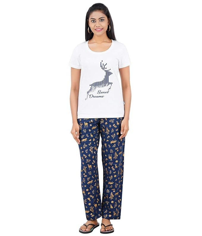 Pride Apparel Womens Night Dress Cotton T-Shirt and Printed Pyjama Set