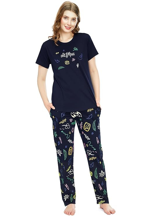 ZEYO Night Suit for Women's Printed Cotton Night Dress of Top and Pajama Set 5774