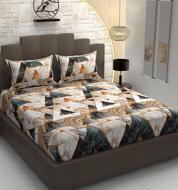 DECOREZA 320 TC Cotton Feel Elastic Fitted King Size Bedsheet 72x78 +10 Inch with 2 Pillow Covers | Glace Cotton | Wrinkle-Free | Bedsheet for Double Bed - (Midnight Marble, King Size 72" x 78")