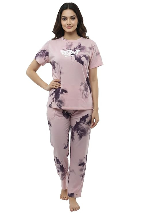 beebelle Night Suit for Women's Tie-Die Printed Cotton Night Dress of Shirt and Pajama 1163