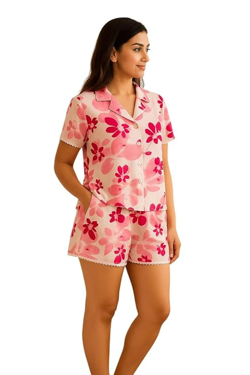 Women’s Cotton Floral Pyjama Set | Short Sleeve Button-Down Top with Matching Shorts | Lace Trim, Relaxed Fit & Lightweight Night Suit | Co-ord Set for Home & Travel