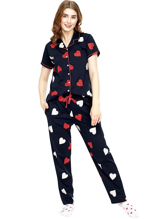ZEYO Night Suit for Women's Heart Printed Cotton Night Dress of Shirt and Pajama Set 5750