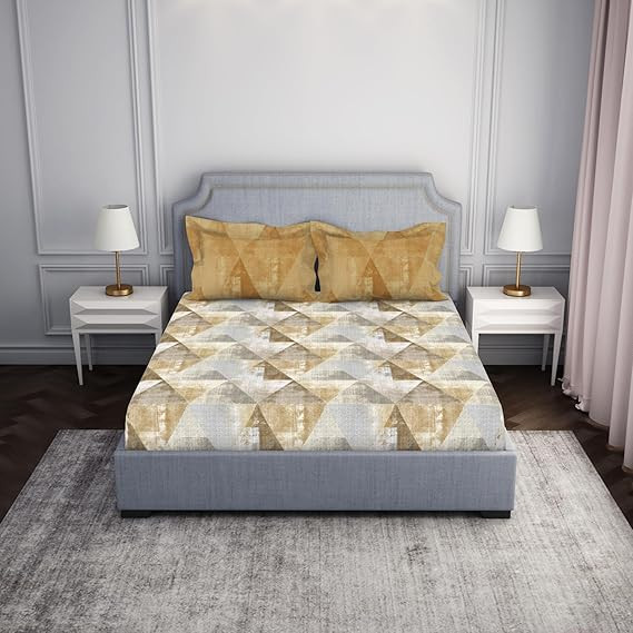 Spaces 100% Cotton Bedsheet for Double Bed King Size with 2 Pillow Covers | Super Soft, Breathable & Skin Friendly Bed Linen | Geometric Print | 224 x 254 cm (Pillow Covers: 43 x 68 cm) | Light Brown