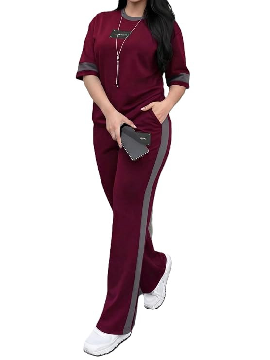 Tracksuit for Women | Casual Brown Loungewear 2 Piece Set | Short Sleeve T Shirt and Wide Leg Pants with Side Stripes | Sports Jogging Co ord Matching Sweatsuit(40-N-1-4)