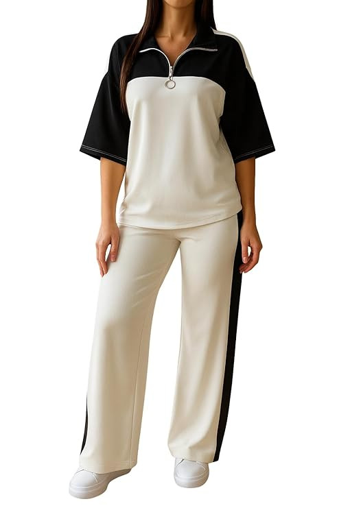 Women’s 2 Piece Lounge Set Casual Tracksuit – Coffee Graphic Half Zip Short Sleeve Top & Wide Leg Pants Matching Outfit Comfy Loungewear Set