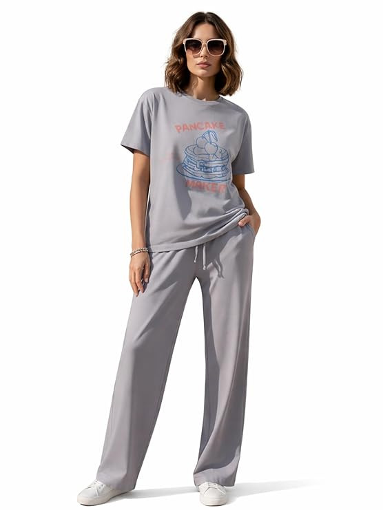 Co-Ord Set for Women | Relaxed Fit Cotton Night Suit | Printed T-Shirt & Wide Leg Pant with Pockets | Short Sleeve Round Neck | Stylish Loungewear & Travel/Holiday wear