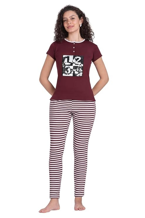 Women Cotton Night Suit Set | Graphic T Shirt Top and Printed Pyjama Pants | Soft Breathable Comfortable Sleepwear | Loungewear for Women and Girls