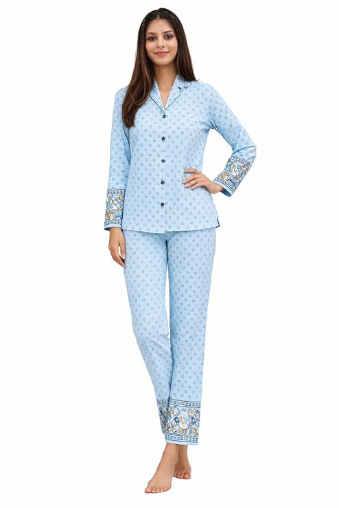 KIAWAH Women's Full Sleeves Cotton Night Suit, Printed Lounge Wear Coord Set, Regular Fit, 2-Piece Set, Buttoned Shirt and Pajama Set