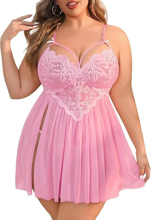 XOWONA Plus Size Lingerie Lace Babydoll Womens Strap Chemise Nightgown V Neck Nighty Mesh Sleepwear Side Slit Nightdress