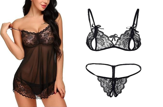 Special Combo Pack of Women's Lace Babydoll Lingerie Set, Sheer Mesh Chemise with Bra and Thong, Multicolour