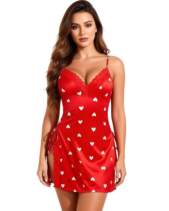 LUXZII Women Satin Babydoll Nightdress with Lace Trim, Sleeveless Spaghetti Strap Chemise, Soft Silky Sleepwear Short Nighty for Women