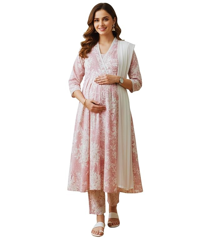 DUMMY SHAPE Maternity Dresses for Women Cotton Blend | Floral Kurta Pant Dupatta Set with Nursing Zippers to Pre & Post Partum | Feeding Kurtis | Mom to Be Gifts for Pregnant Woman