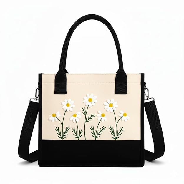 Cotton Tote Bag For Woman Stylish | Embroidered Canvas Hand Bag With Floral Design | Latest Casual Shoulder Bag Zipper For College Girls, Office, Daily Use, Travel, Beach, Shopping