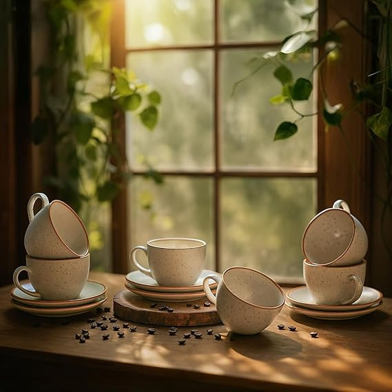 'Classic White' Durable Ceramic Tea Cup with Saucer Set of 12pcs(6Cup & 6Saucer) | Elegant Chai Cup | Microwave & Dishwasher Safe | Drinkware for Home, Office, Cafe, Guests Serving & Gifting