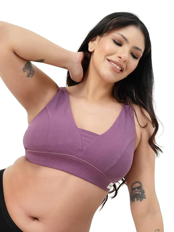 ZELENA Fixed Padded Maternity & Nursing Bra for Women | Cotton Ribbed Mom Bra with Modal Lining | Wirefree Full Coverage Bra with Pull-Aside Feeding Access