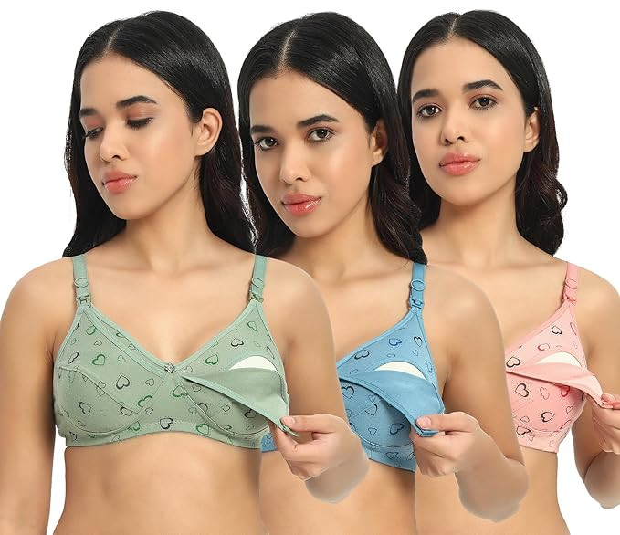 Women's Cotton Feeding Bra/Maternity/Nursing Bra Non Padded Wire Free Printed Maternity Bra for Pack of 3
