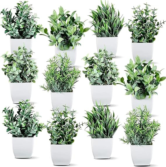 Dekorly Artificial Potted Plants, Artificial Plastic Eucalyptus Plants Small Indoor Potted Houseplants, Small Faux Plants for Home Decor Bathroom Office Farmhouse (Set 0F 12)