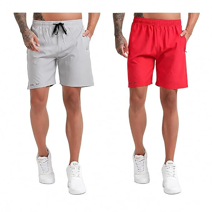 BLUE STAR SHARK Athletic Sports Shorts for Men with Zip Pockets and Elastic Waistband Quick Dry Lightweight Activewear Combo - Pack of 2
