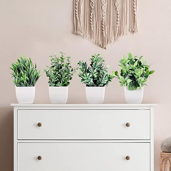 Dekorly Artificial Potted Plants, Artificial Plastic Eucalyptus Plants Small Indoor Potted Houseplants, Small Faux Plants for Home Decor Bathroom Office Farmhouse (Set 0F 4)