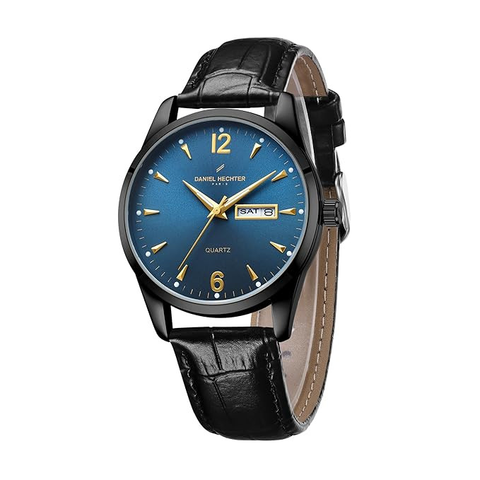 Paris Analog Quartz Watch for Men with Sunray Round Dial, Leather Strap, Day & Date Display & Water Resistant