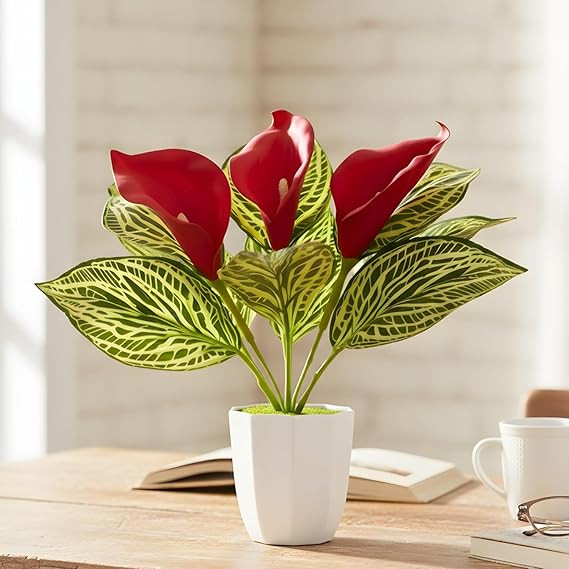 fancymart Artificial Calla Lily Plant with Pot – 30 cm Height Decorative Flower Leaves (Pack of 1) | Realistic Faux Plant for Home & Office Décor | Table, Shelf & Desk Decoration