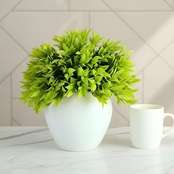 fancymart Plastic Artificial Plant Green Leaves In Pot-26Cm Height-Home & Office Decor Elegant Potted Plant For Tabletop Enhancement