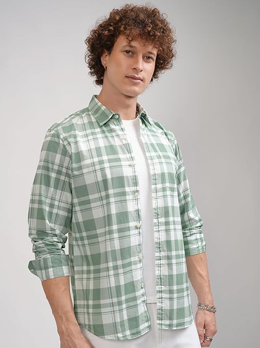 Highlander Men's Cotton Slim Fit Checks Shirt | Full Sleeves | Regular Collar | Casual Shirts for Men
