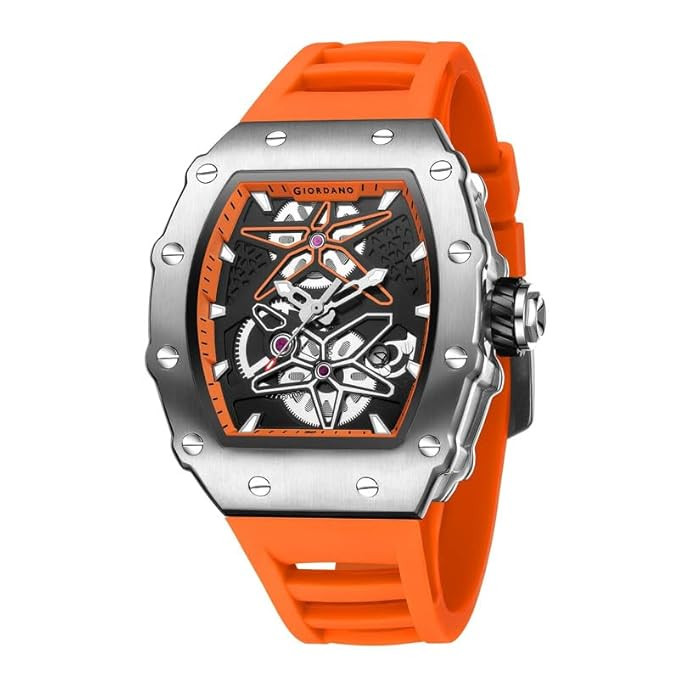 Analog Skeleton Dial Watch for Men – Tonneau Case, Silicone Strap, Open-Gear Sport Design, Quartz Movement
