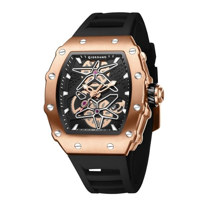Analog Skeleton Dial Watch for Men – Tonneau Case, Silicone Strap, Open-Gear Sport Design, Quartz Movement