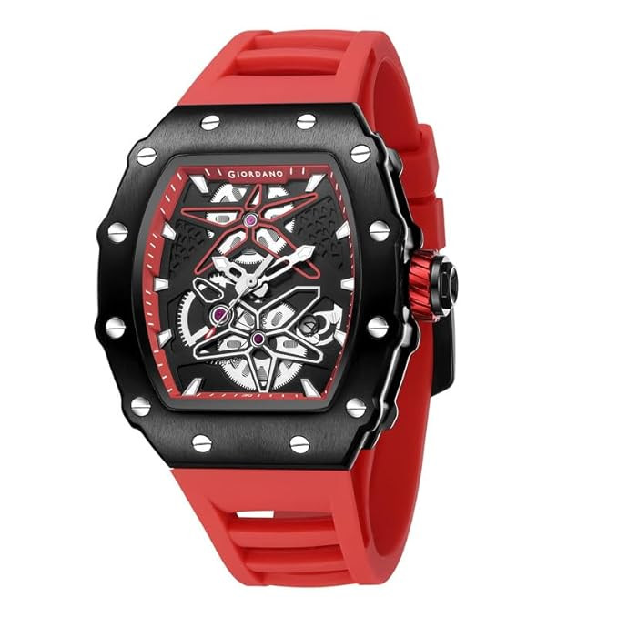 Analog Skeleton Dial Watch for Men – Tonneau Case, Silicone Strap, Open-Gear Sport Design, Quartz Movement