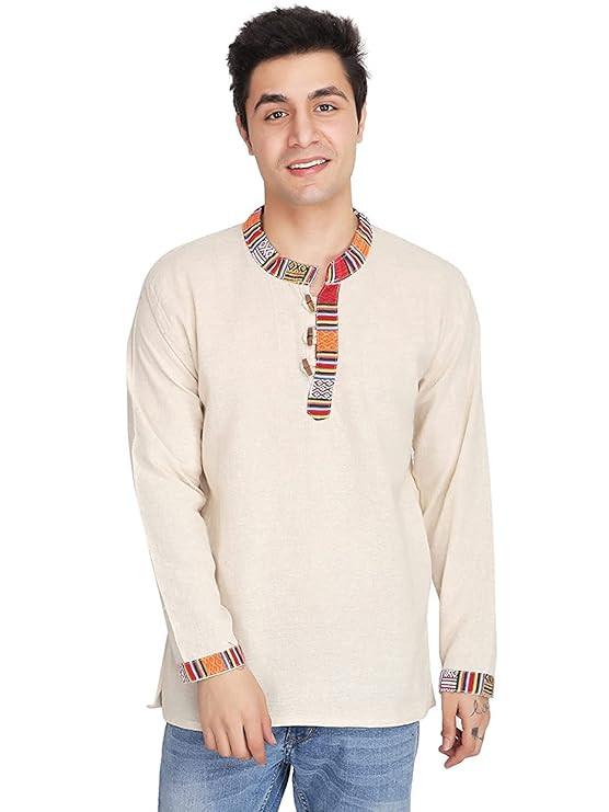 UKAL Indian Mens Summer Fashion Cotton Khadi Ethnic Shirt-Short Kurta