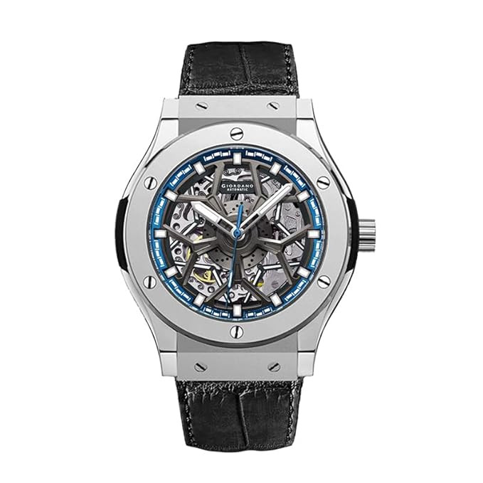 Automatic Watch for Men – Round Dial, Stainless Steel Case, Transparent Mechanical Movement, Luminous Hands, Black Leather Strap