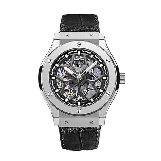 Automatic Watch for Men – Round Dial, Stainless Steel Case, Transparent Mechanical Movement, Luminous Hands, Black Leather Strap