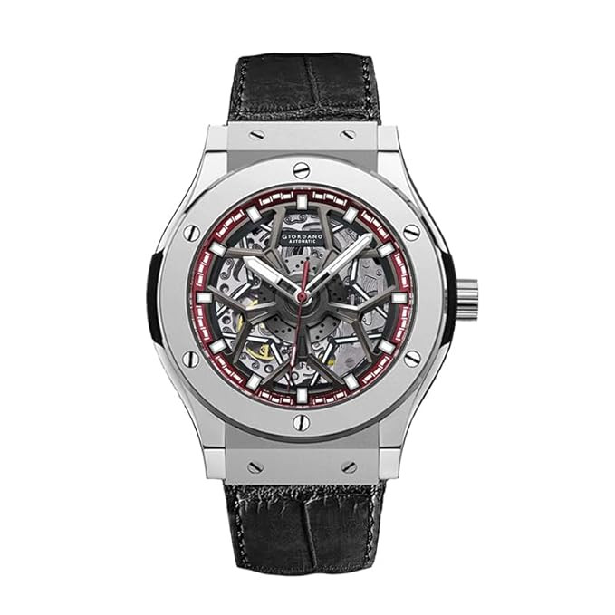 Automatic Watch for Men – Round Dial, Stainless Steel Case, Transparent Mechanical Movement, Luminous Hands, Black Leather Strap