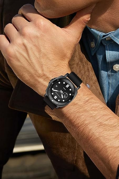 Analog Quartz Watch for Men with Round Dial, Luminous Hours Markers, Date Display, Small Seconds Sub-Dial and Wavy Pattern Silicone Strap