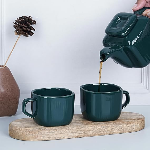 DATA Zen Tea Set in Green - Pack of 4 Tea Cups & Pot with Kettle - Premium Gift for Tea Lovers - Ideal for Home/Office - Elegant Design - Great for Evening Tea or Relaxing Moments