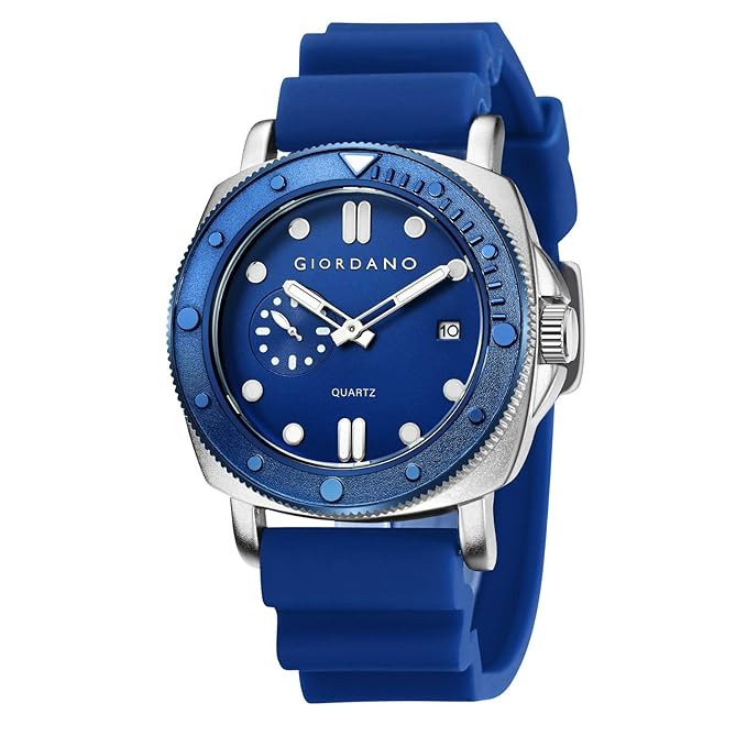 Analog Quartz Watch for Men with Round Dial, Luminous Hours Markers, Date Display, Small Seconds Sub-Dial and Wavy Pattern Silicone Strap