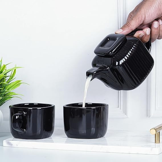 Dandy Lines Zen Tea Set in Black - Pack of 4 - Premium Tea Set with Kettle - Ideal Tea Pot & Coffee Mugs Combo - Elegant Design for Tea for Two - Perfect Gift - Stylish Home/Office Decor