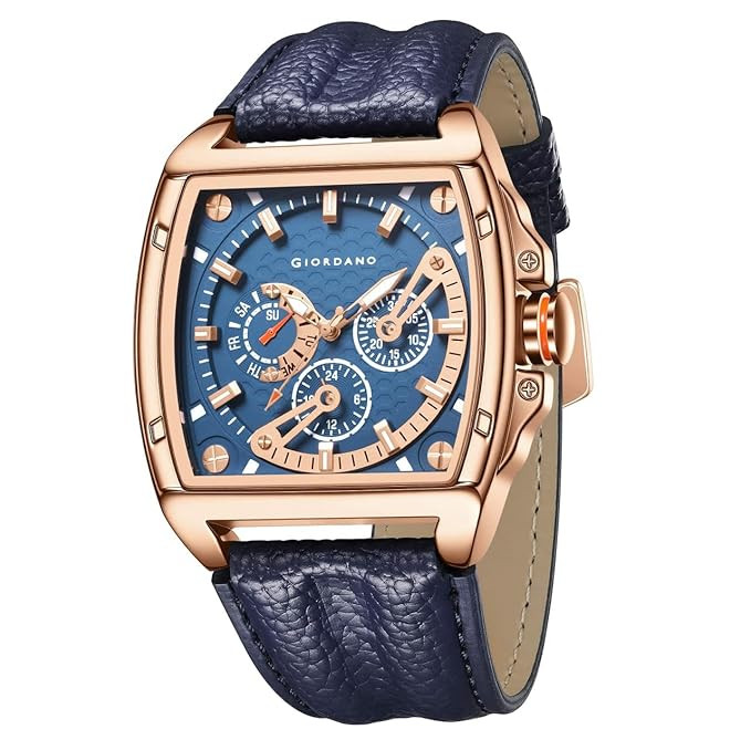 Multifunctional Analog Watch for Men with Textured Blue Dial, Luminous Indices, Day Display, Leather Strap & Water Resistant