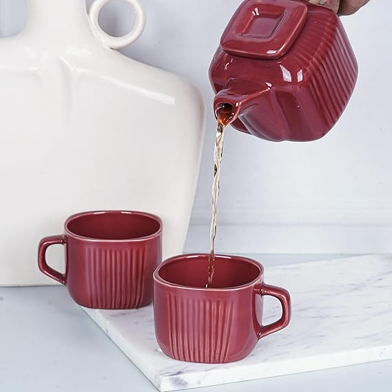 DATA Zen Tea Set - Pack of 4 Tea Cups in Maroon - Complete Tea Set with Kettle & Tea Pot - Elegant Design - Ideal for Tea Lovers - Perfect Bone China Alternative for Cozy Tea Moments