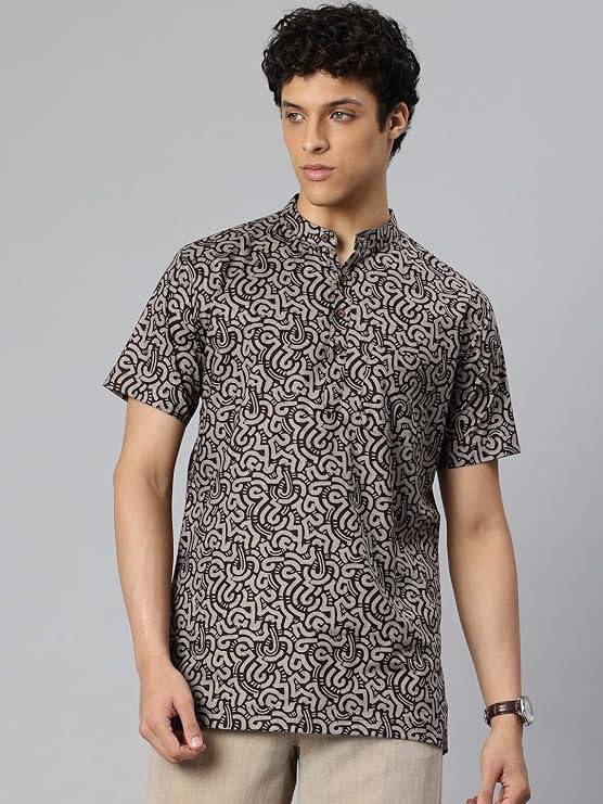 Majestic Man Men Slim Fit Ethnic Motifs Cotton Printed Half Sleeve Short Kurta