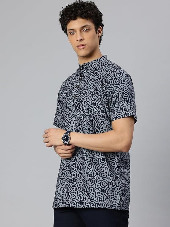 Majestic Man Men Slim Fit Ethnic Motifs Cotton Printed Half Sleeve Short Kurta