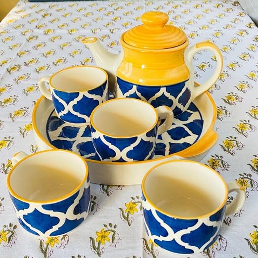 Hand Painted Kitchenware Ceramic Tea Kettle Set | Morning Tea Set | 1 Kettle(600ML) | 1 Tray | Tea Cup 4 Piece (180ML)| Mirowave Safe (Yellow Blue)