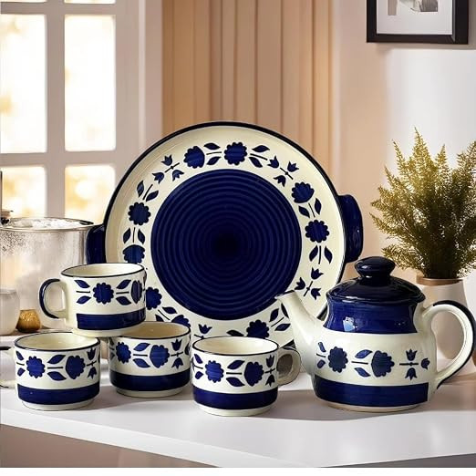 Hand Painted Kitchenware Ceramic Tea Kettle Set | Morning Tea Set | 1 Kettle(600ML) | 1 Tray | Tea Cup 4 Piece (180ML)| Mirowave Safe (Blue Leaves)