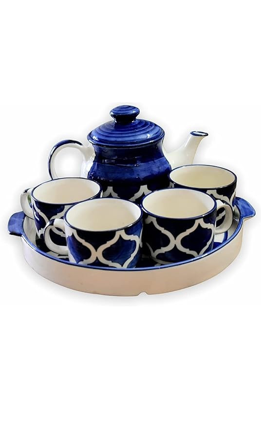 Hand Painted Kitchenware Ceramic Tea Kettle Set | Morning Tea Set | 1 Kettle(600ML) | 1 Tray | Tea Cup 4 Piece (180ML)| Mirowave Safe (Blue)