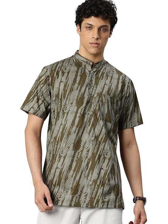 Majestic Man Men Slim Fit Ethnic Motifs Cotton Printed Half Sleeve Short Kurta