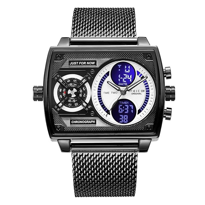 Wathes for Men Digital LED Analog Quartz Wristwatch Business Men’s Watch Multifunction Square Chronograph 24H Calendar Stainless Steel Band Waterproof Unique FK814